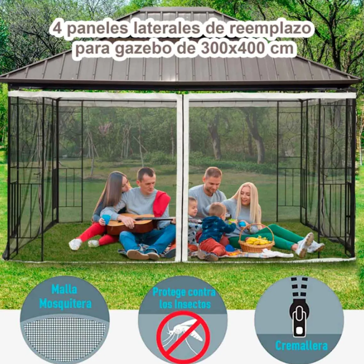 4 paneles laterales Outsunny para carpa con mosquitera negro 207x352 cm