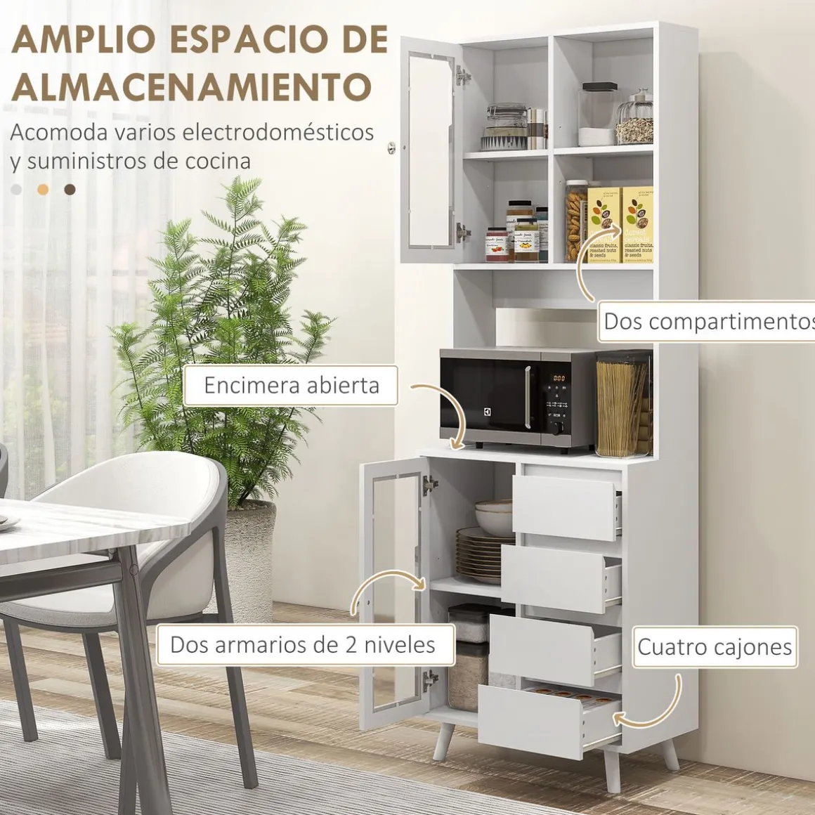 Alacena Moray Homcom 4 cajones + 2 armarios + estante blanco 180x60x35 cm