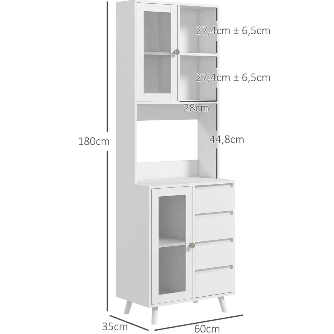 Alacena Moray Homcom 4 cajones + 2 armarios + estante blanco 180x60x35 cm