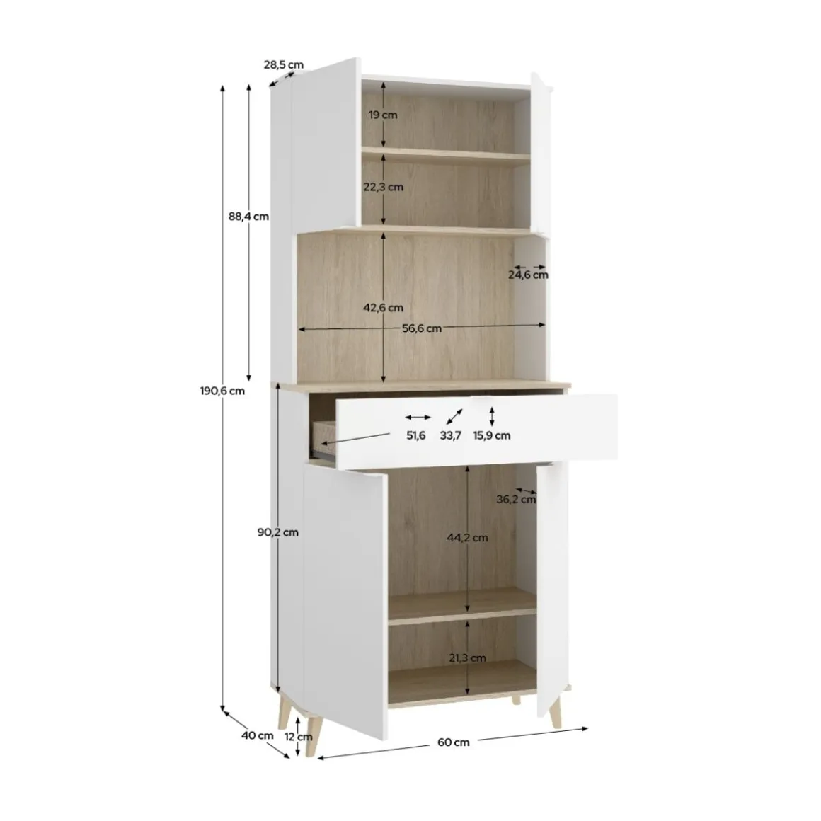 Alacena Wok 4 puertas con cajón blanco/natural 190,6x60x40 cm