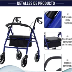 Andador para adultos Homcom plegable con ruedas 4 niveles de altura azul/negro 84-93x77x55,5 cm