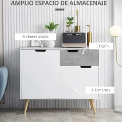 Aparador Agosto Homcom 2 puertas + cajón blanco/gris 81,5x98x39 cm