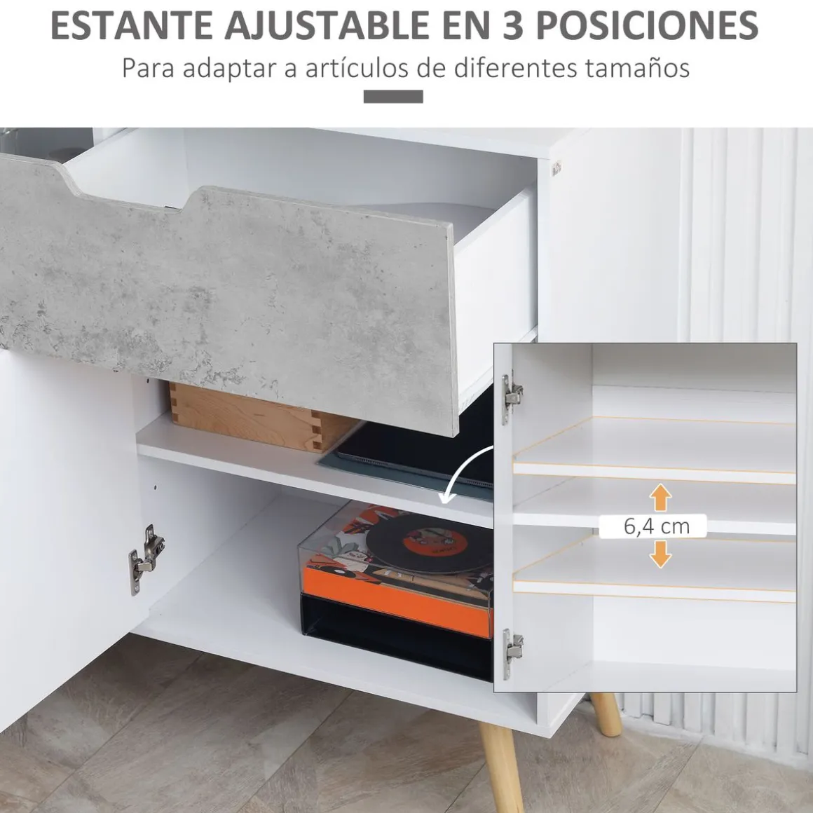 Aparador Agosto Homcom 2 puertas + cajón blanco/gris 81,5x98x39 cm