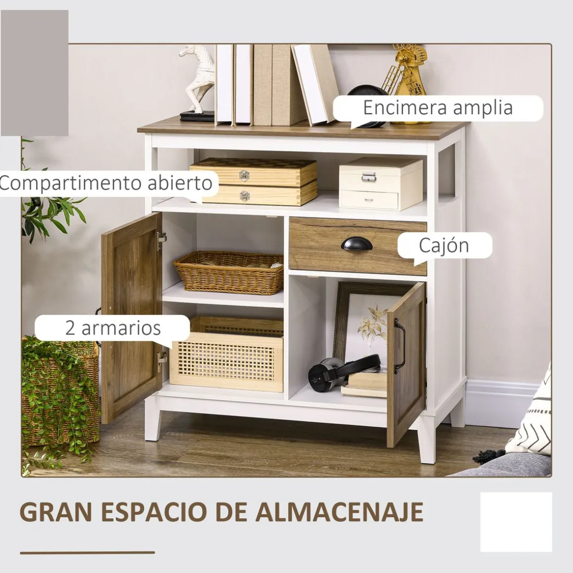Aparador Air Homcom 2 armarios + cajón blanco/marrón 81,5x76,6x35 cm