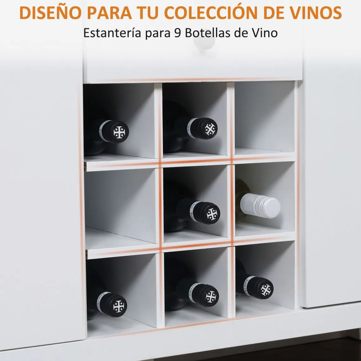 Aparador Amareto Homcom 2 puertas con 2 cajones y botellero blanco 75x110x35 cm