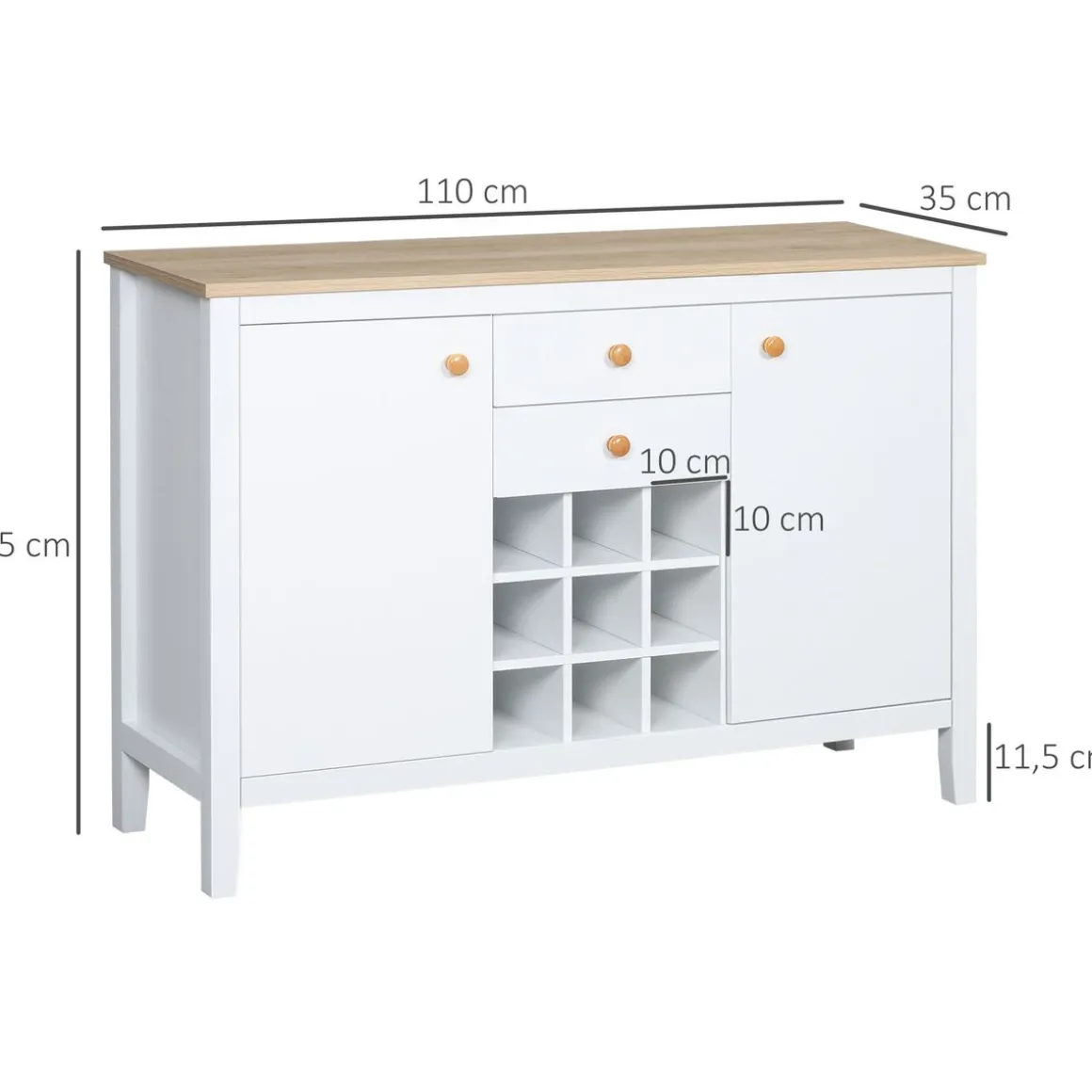 Aparador Amareto Homcom 2 puertas con 2 cajones y botellero blanco 75x110x35 cm