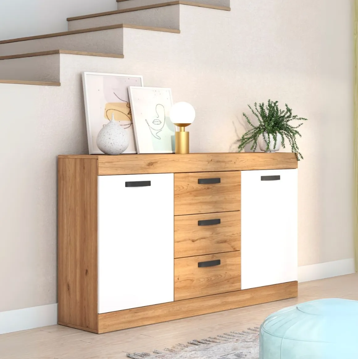 Aparador Argos 2 3 cajones + 2 puertas blanco mate/natural 90,5x140x39,6 cm