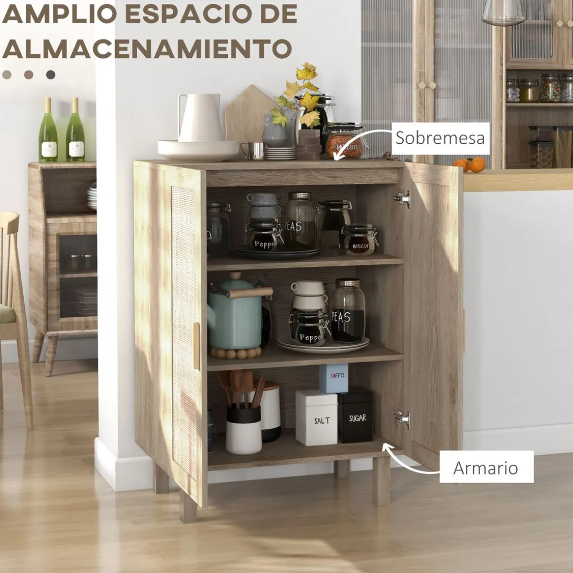 Aparador Babel Homcom 2 puertas con estantes ajustables natural 102x73x41 cm