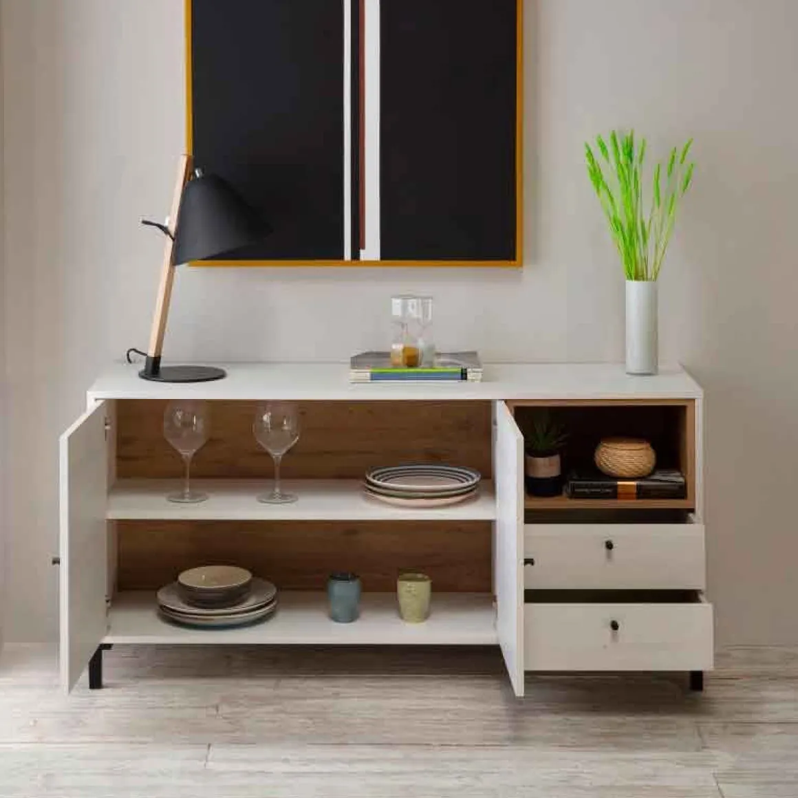 Aparador bajo Jávea 2 cajones+armario+hueco blanco nordic/natural 67,5x136,5x40 cm