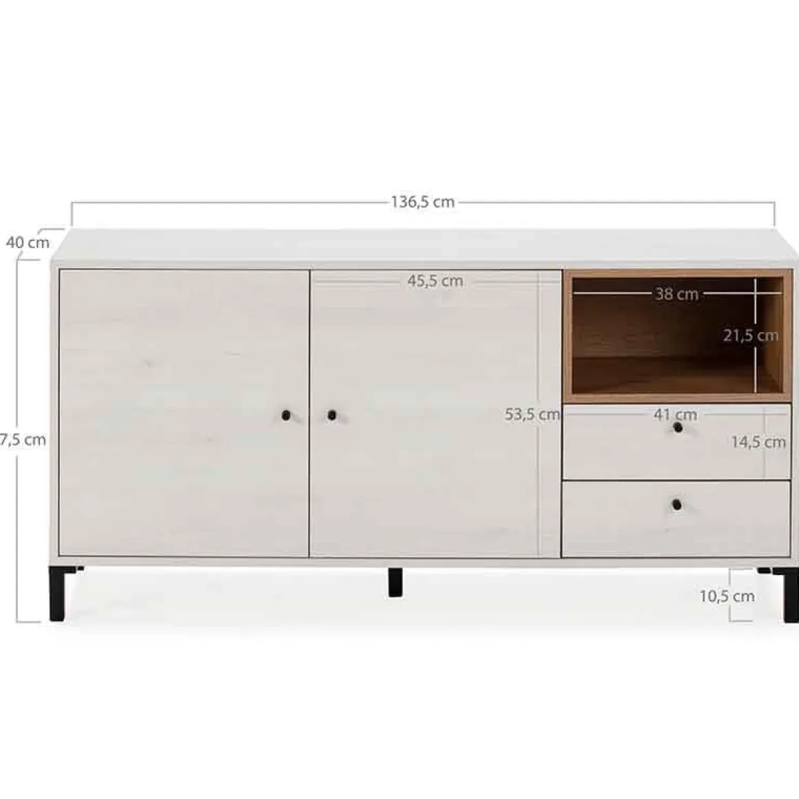Aparador bajo Jávea 2 cajones+armario+hueco blanco nordic/natural 67,5x136,5x40 cm