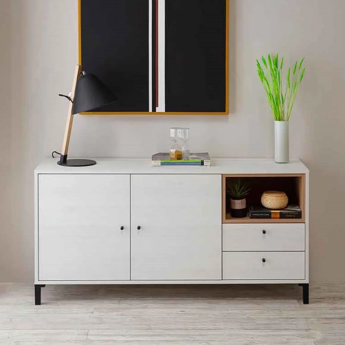 Aparador bajo Jávea 2 cajones+armario+hueco blanco nordic/natural 67,5x136,5x40 cm