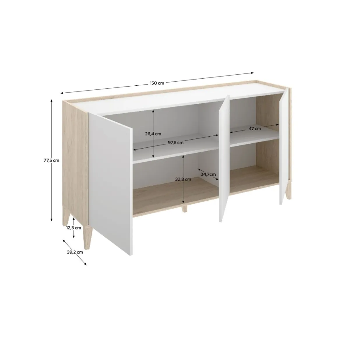 Aparador Bari 3 puertas blanco/natural 77,5x150x39,2 cm