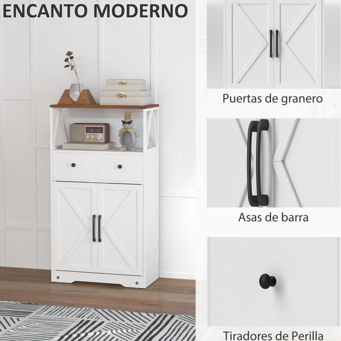 Aparador Barnet Homcom 2 cajones + 4 estantes blanco 108x60x31cm