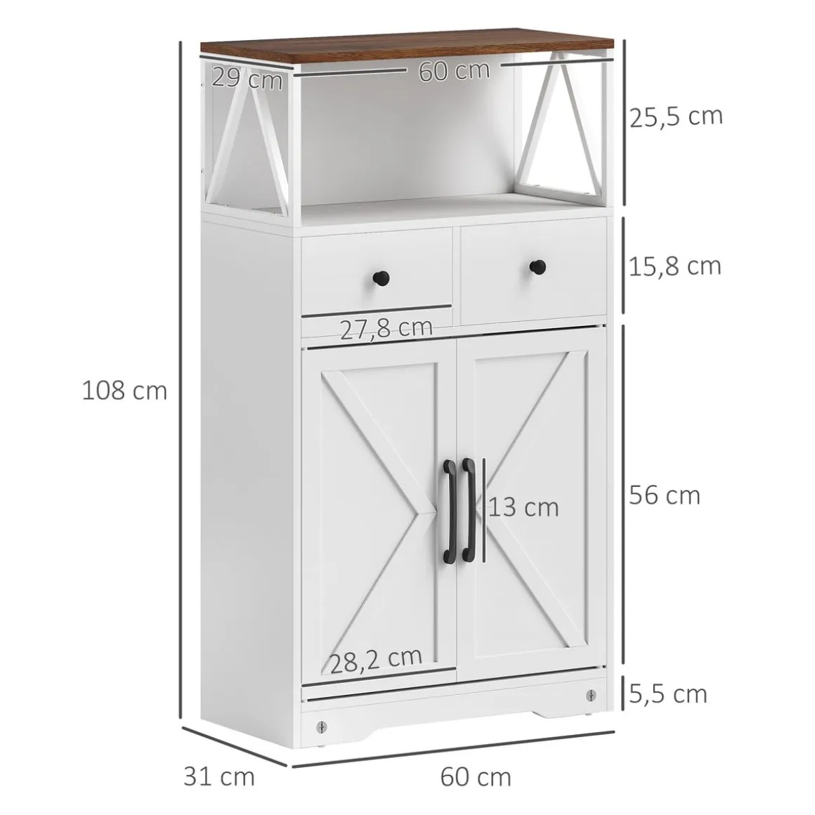 Aparador Barnet Homcom 2 cajones + 4 estantes blanco 108x60x31cm