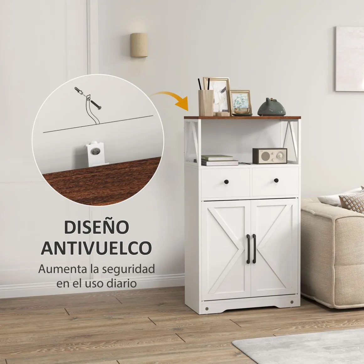 Aparador Barnet Homcom 2 cajones + 4 estantes blanco 108x60x31cm