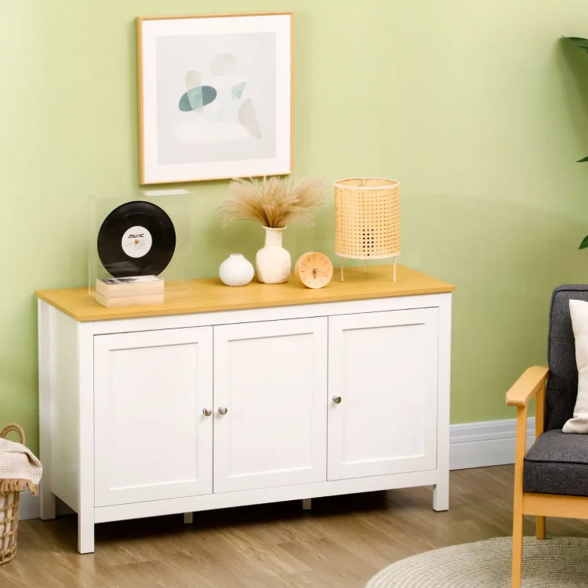 Aparador Blis Homcom 3 puertas + estantes ajustables blanco 70x120x40 cm