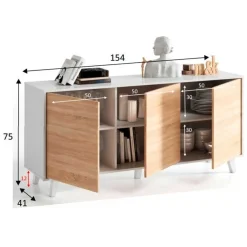 Aparador Buffet Stylus Plus 3 puertas blanco brillo/roble Canadian 75x154x41 cm
