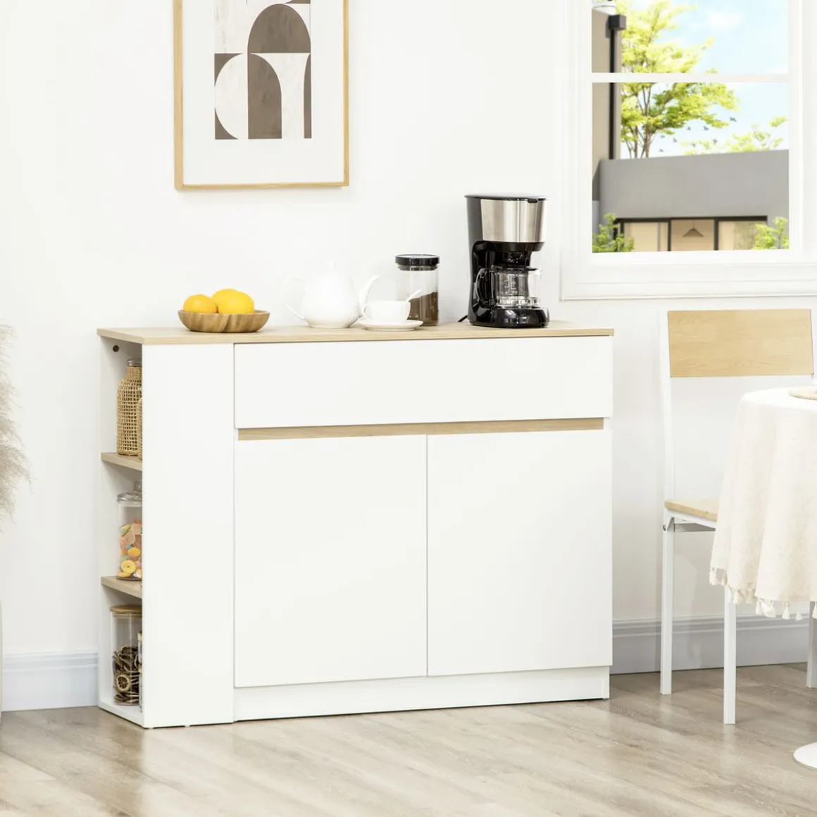 Aparador Cayena Homcom 2 puertas + cajón + 3 estantes blanco 82x110x29,5 cm