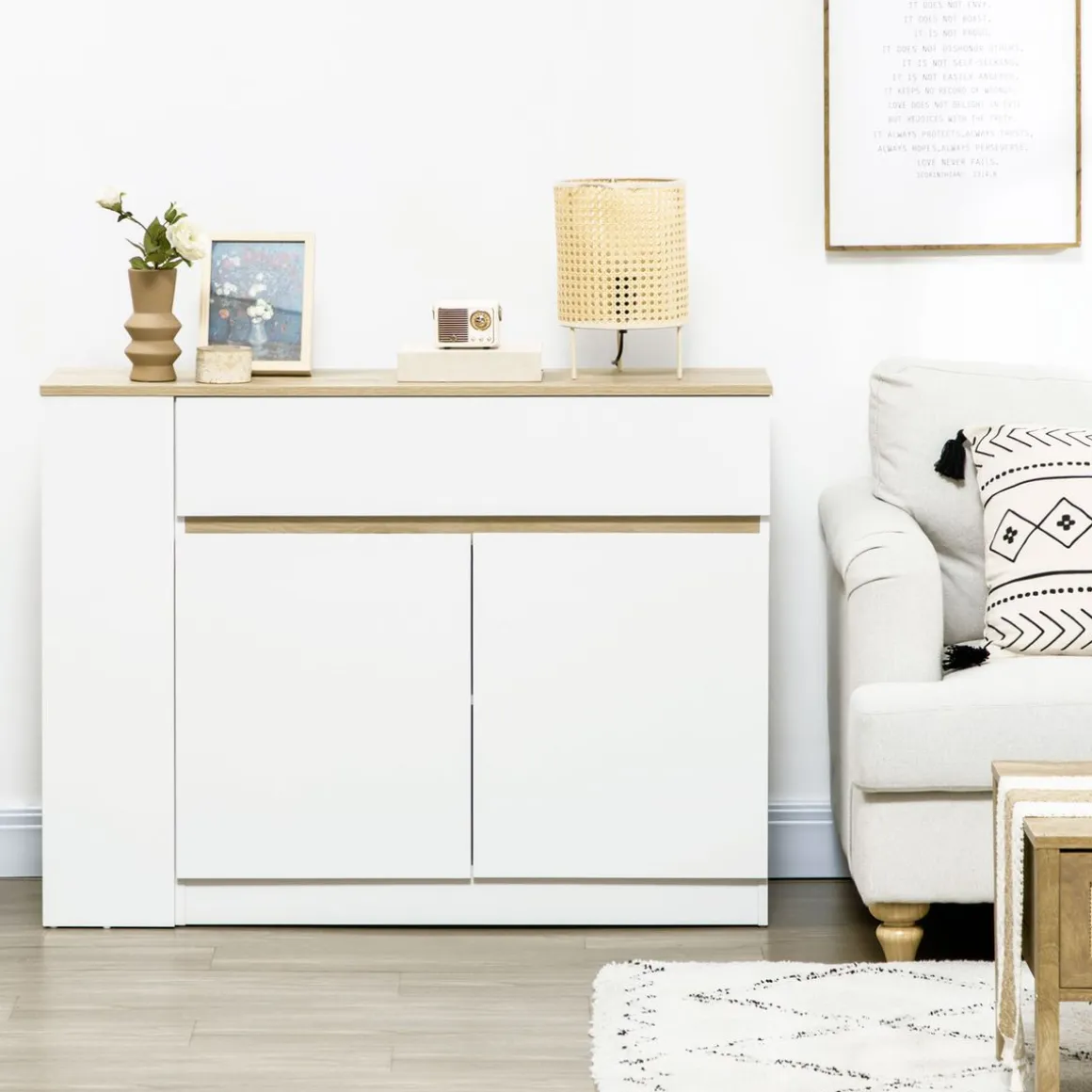 Aparador Cayena Homcom 2 puertas + cajón + 3 estantes blanco 82x110x29,5 cm