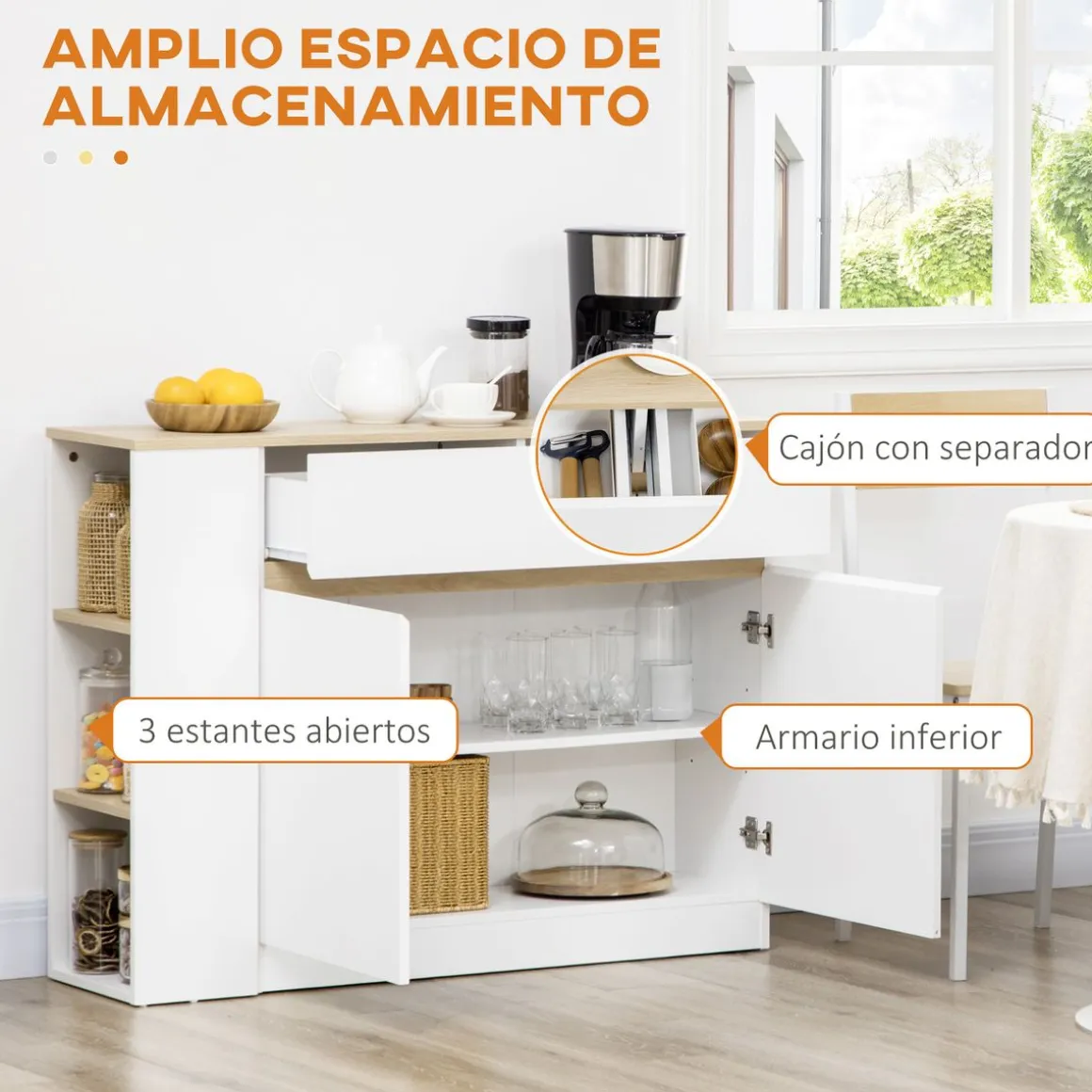Aparador Cayena Homcom 2 puertas + cajón + 3 estantes blanco 82x110x29,5 cm