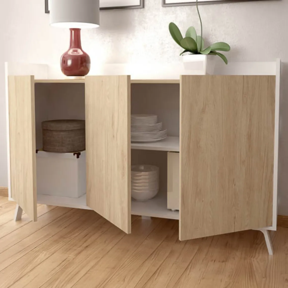 Aparador Charles 3 puertas blanco/roble 87,1x140x40 cm