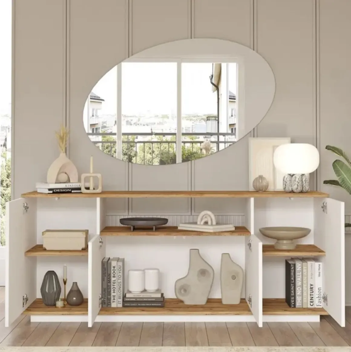 Aparador Cigarra 4 puertas + compartimento blanco/natural 75x180x44,5 cm