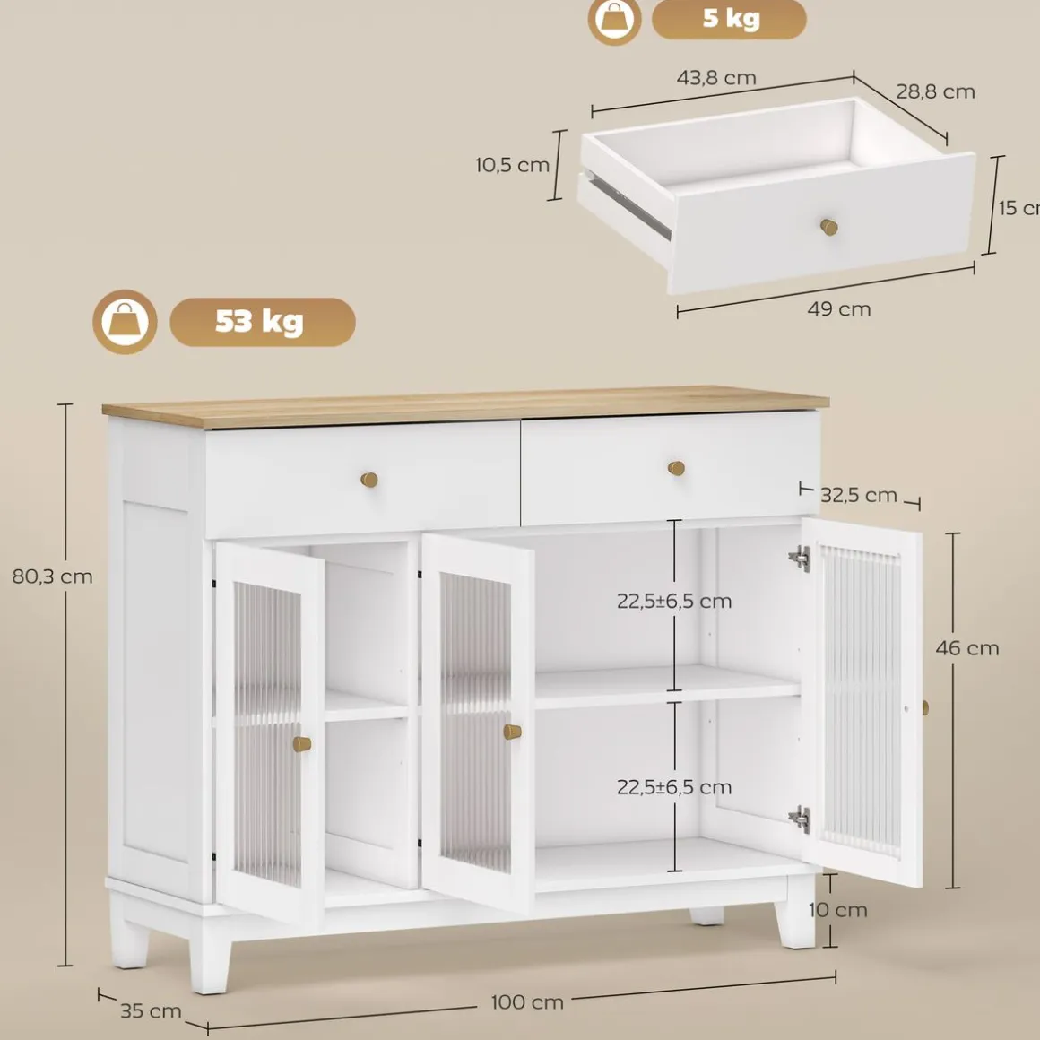 Aparador Cirell Homcom 3 puertas con 2 cajones blanco/natural 80,3x100x35 cm