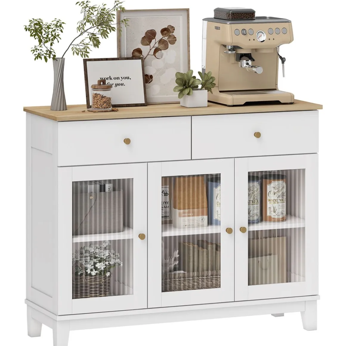 Aparador Cirell Homcom 3 puertas con 2 cajones blanco/natural 80,3x100x35 cm