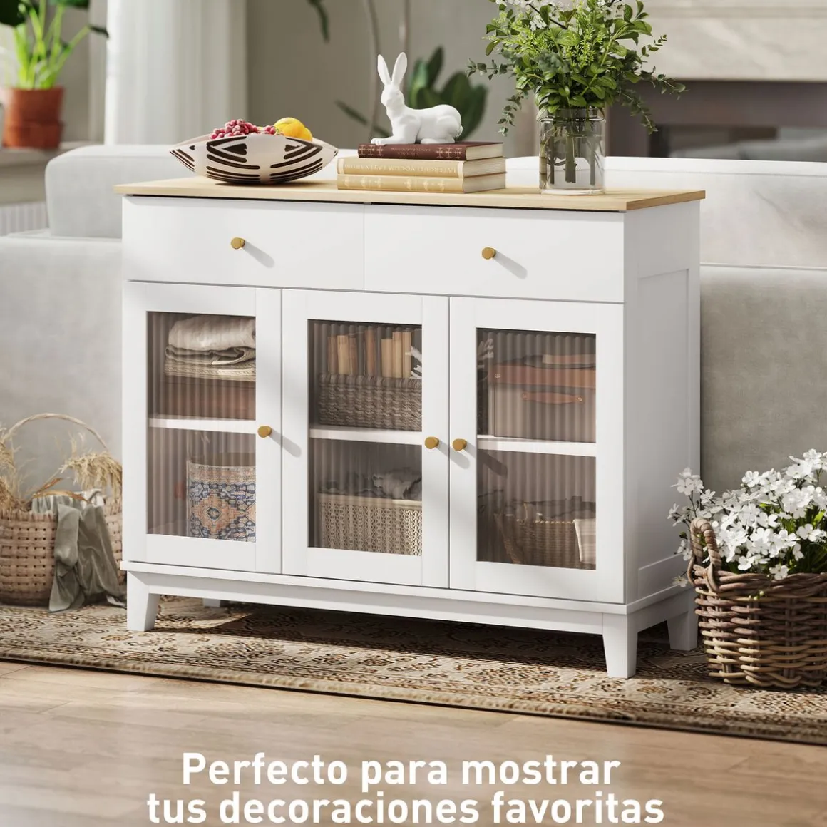 Aparador Cirell Homcom 3 puertas con 2 cajones blanco/natural 80,3x100x35 cm