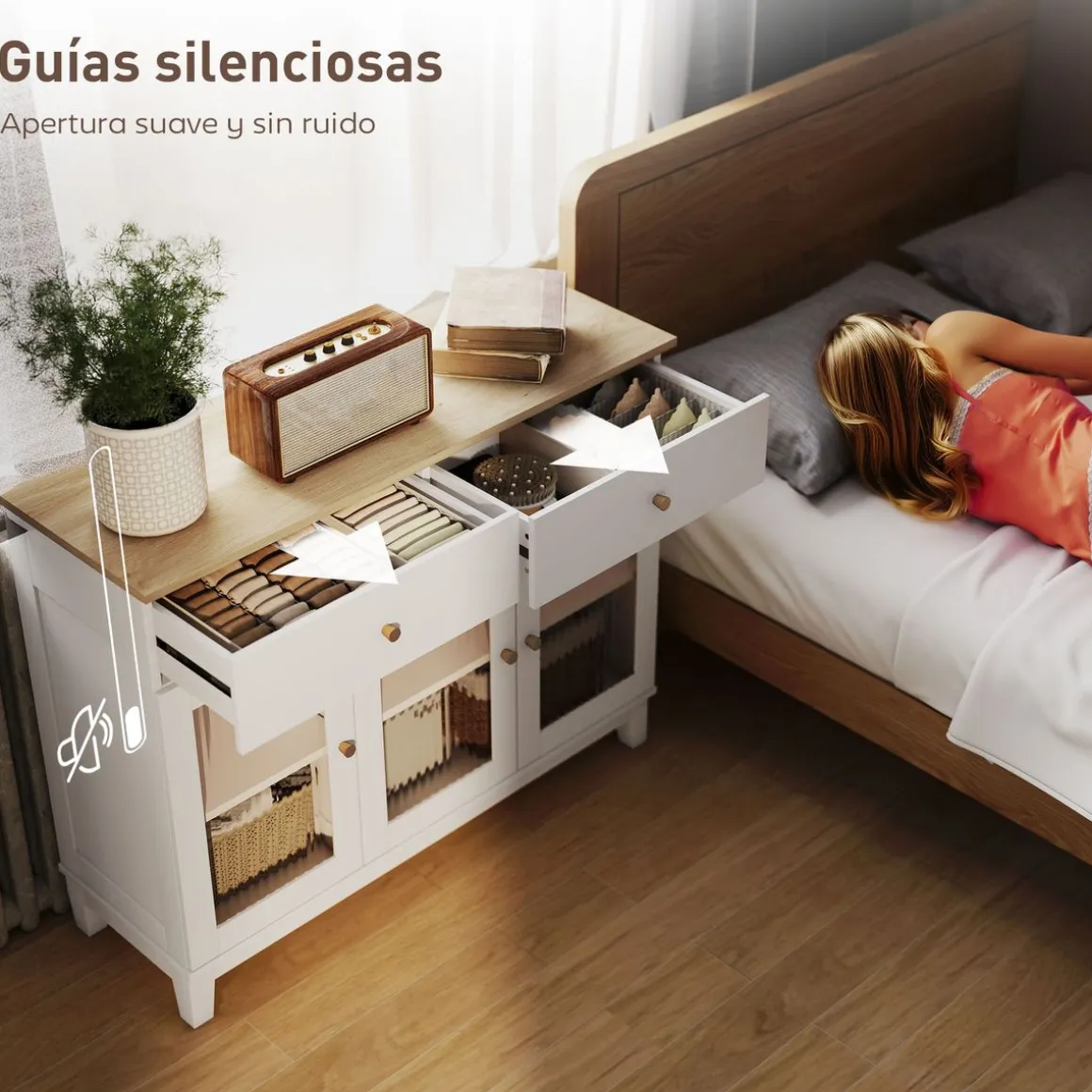 Aparador Cirell Homcom 3 puertas con 2 cajones blanco/natural 80,3x100x35 cm