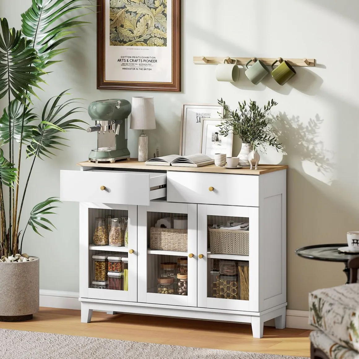 Aparador Cirell Homcom 3 puertas con 2 cajones blanco/natural 80,3x100x35 cm