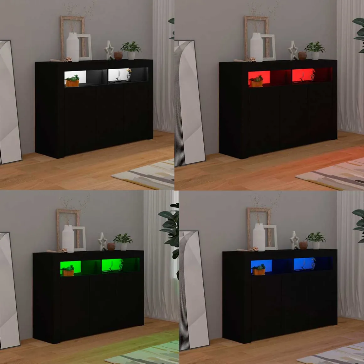 Aparador con luces LED 3 armarios 2 estantes abiertos negro 75x115,5x30 cm