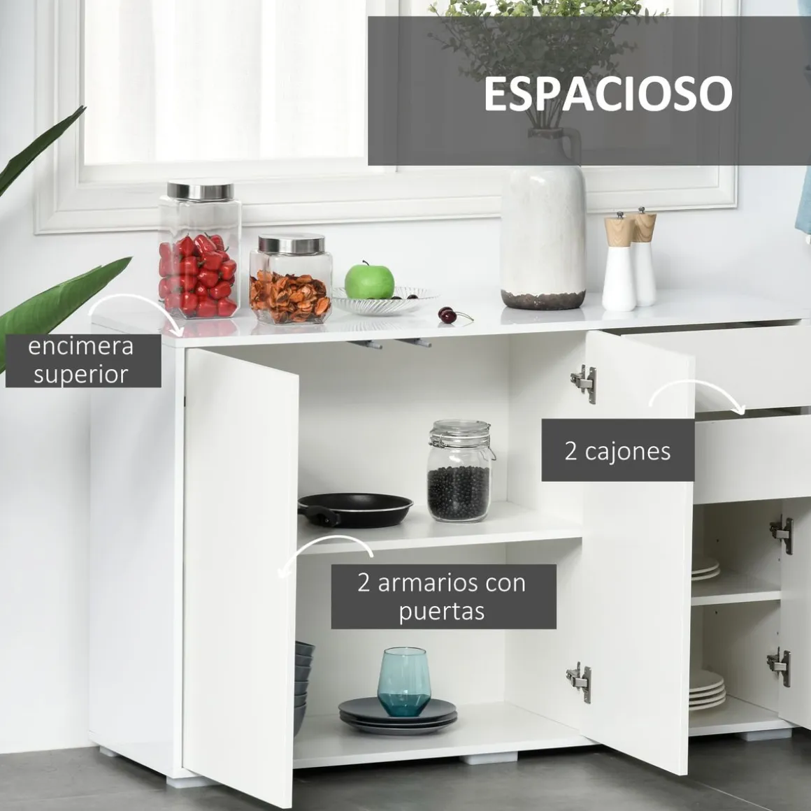 Aparador Conil Homcom 3 puertas + 2 cajones blanco 74x117x36 cm