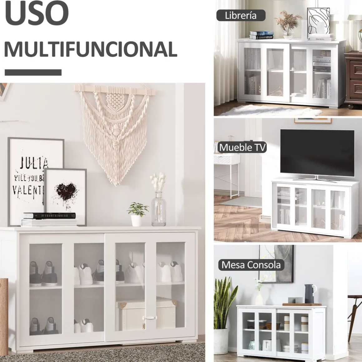 Aparador Cuarzo Homcom 2 puertas corredizas blanco 62,5x107x33 cm