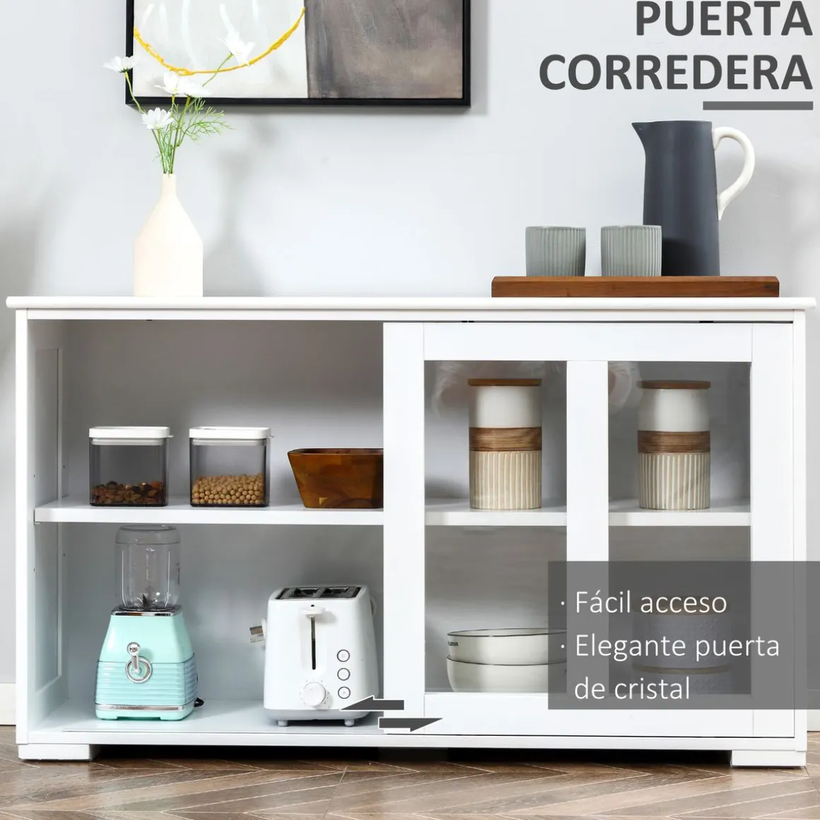 Aparador Cuarzo Homcom 2 puertas corredizas blanco 62,5x107x33 cm