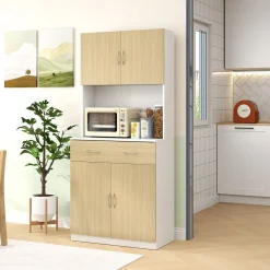 Aparador Cuéntame Homcom 2 armarios + 1 cajón natural/blanco 180x80x40 cm