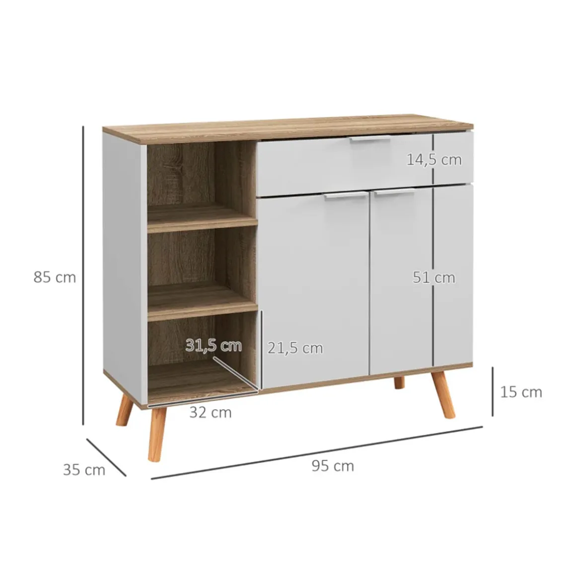 Aparador Dalvik Homcom con cajón + 3 estantes + armario blanco/natural 85x95x35 cm