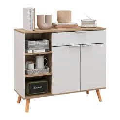 Aparador Dalvik Homcom con cajón + 3 estantes + armario blanco/natural 85x95x35 cm