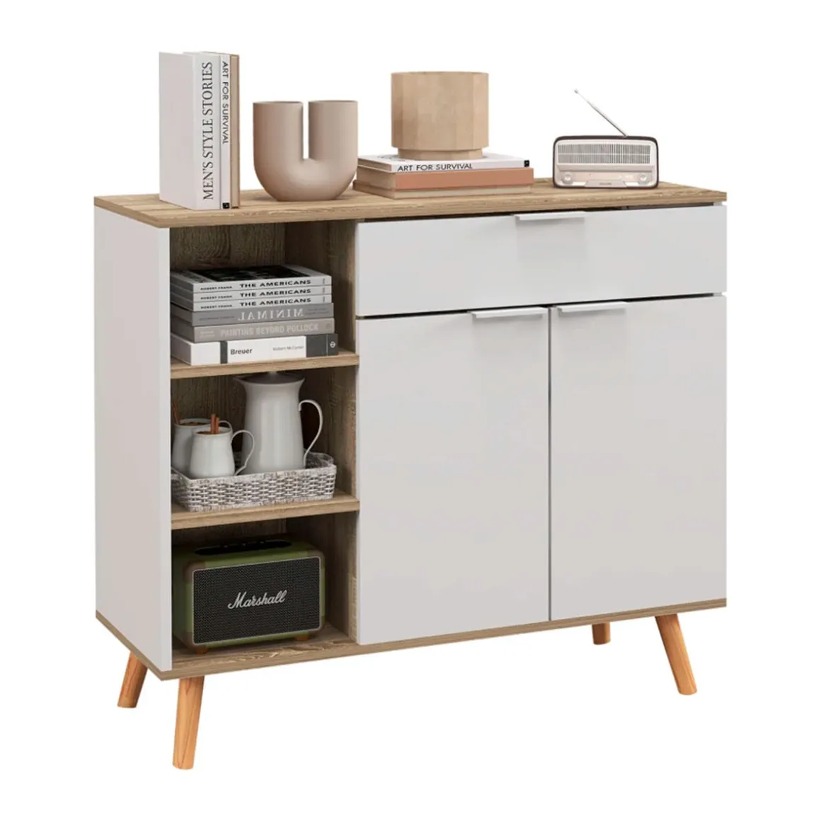 Aparador Dalvik Homcom con cajón + 3 estantes + armario blanco/natural 85x95x35 cm