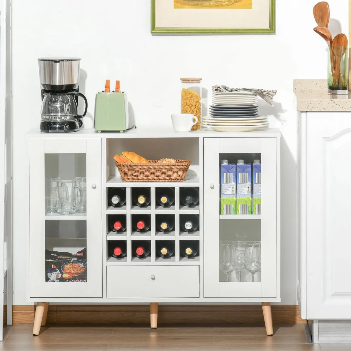 Aparador de cocina Byron Homcom 2 puertas + 1 cajón + botellero blanco 80x100x33 cm