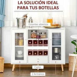 Aparador de cocina Byron Homcom 2 puertas + 1 cajón + botellero blanco 80x100x33 cm