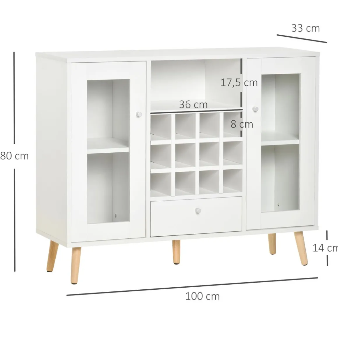 Aparador de cocina Byron Homcom 2 puertas + 1 cajón + botellero blanco 80x100x33 cm