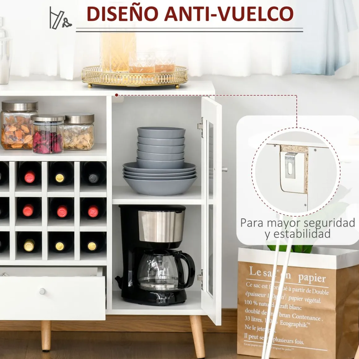 Aparador de cocina Byron Homcom 2 puertas + 1 cajón + botellero blanco 80x100x33 cm