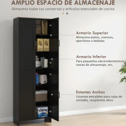 Aparador de cocina Dami Homcom 4 puertas + 6 estantes ajustables negro 170,5x60x30 cm