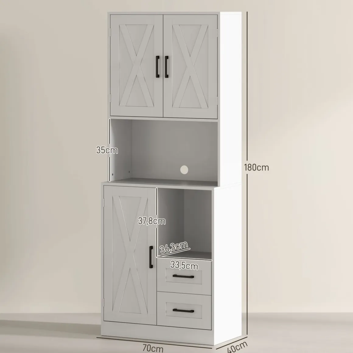 Aparador de cocina Green Homcom 2 armarios + cajones + encimera blanco 180x70x40 cm