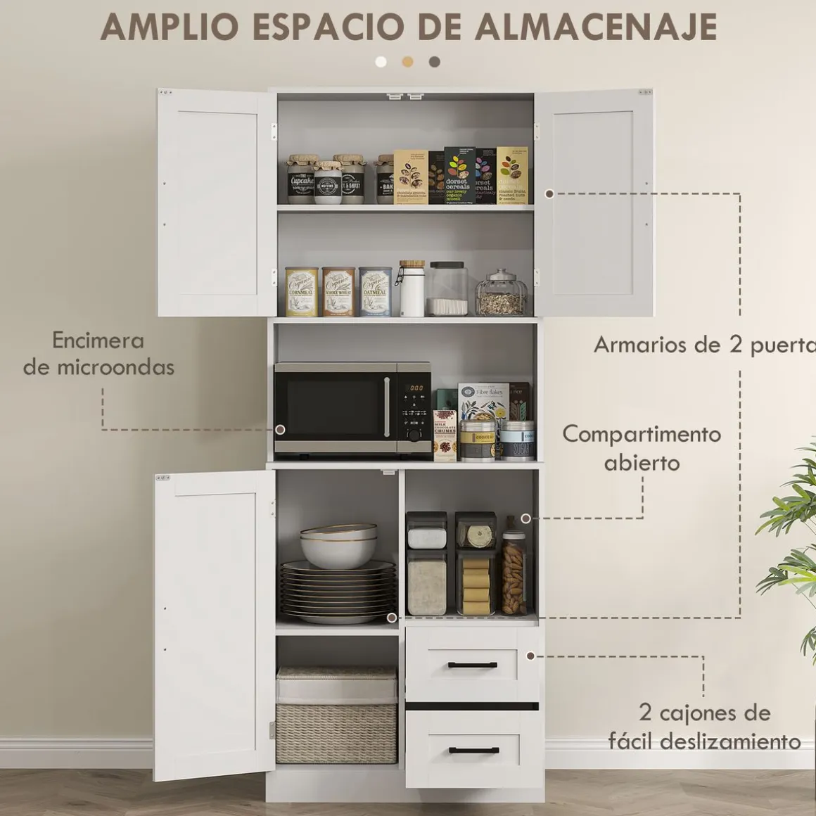 Aparador de cocina Green Homcom 2 armarios + cajones + encimera blanco 180x70x40 cm