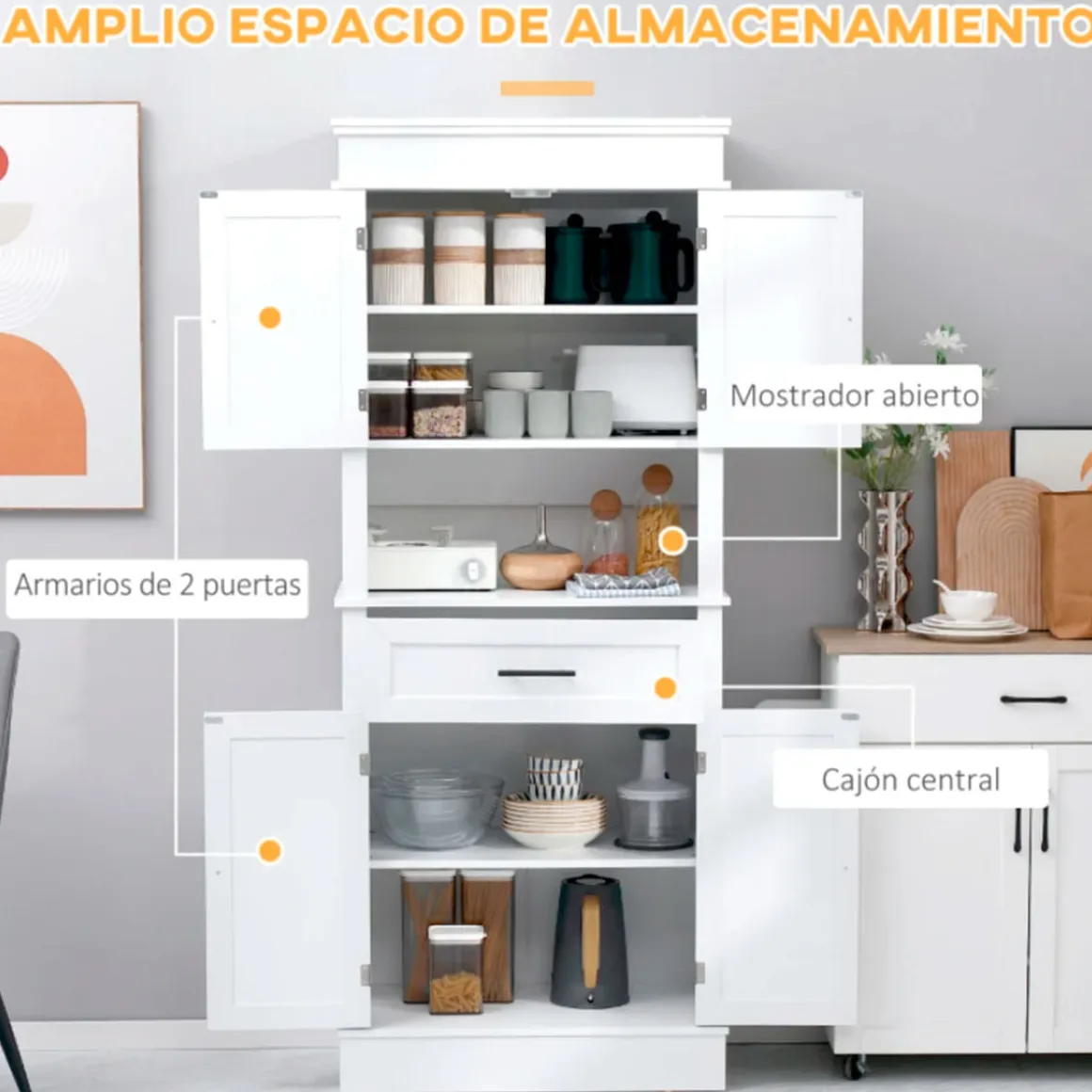 Aparador de cocina Homcom 4 puertas 1 cajón 1 estante abierto blanco 183x74x39,5 cm