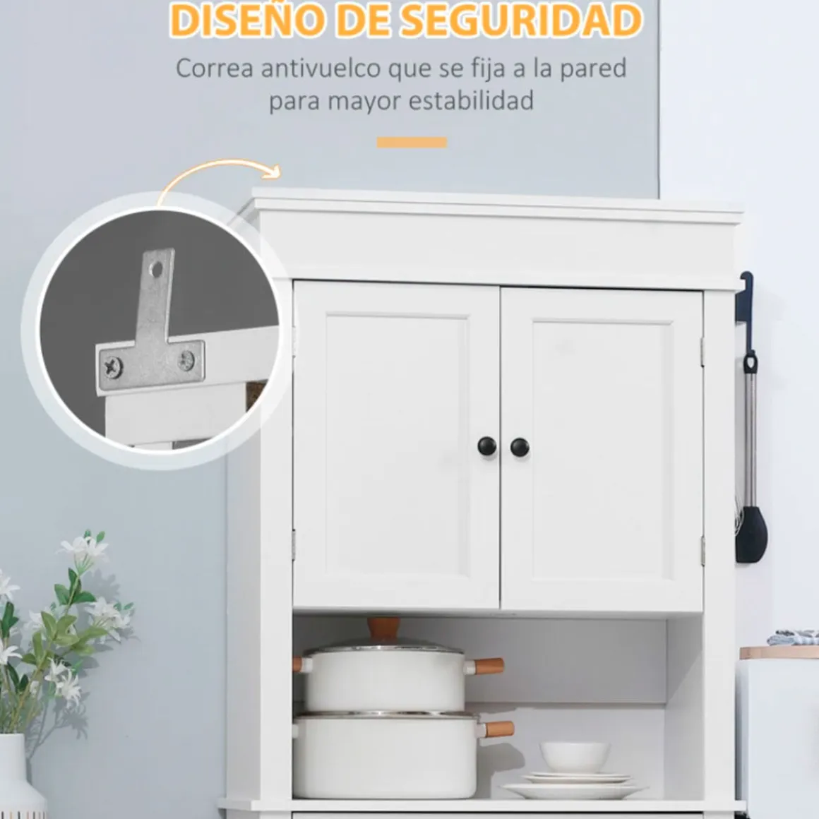 Aparador de cocina Homcom 4 puertas 1 cajón 1 estante abierto blanco 183x74x39,5 cm