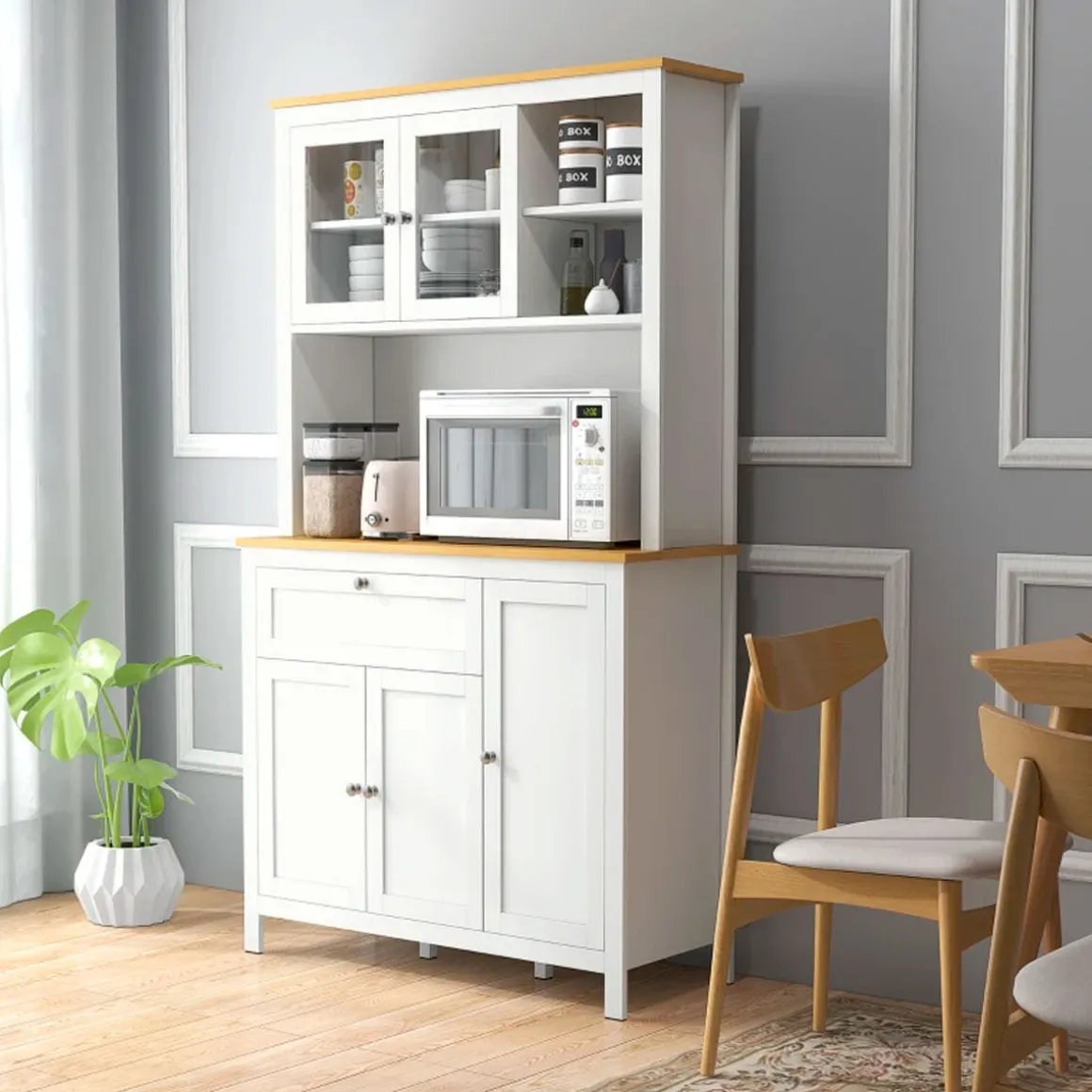 Aparador de cocina Indie Homcom diseño minimalista blanco/natural 180x100x40 cm
