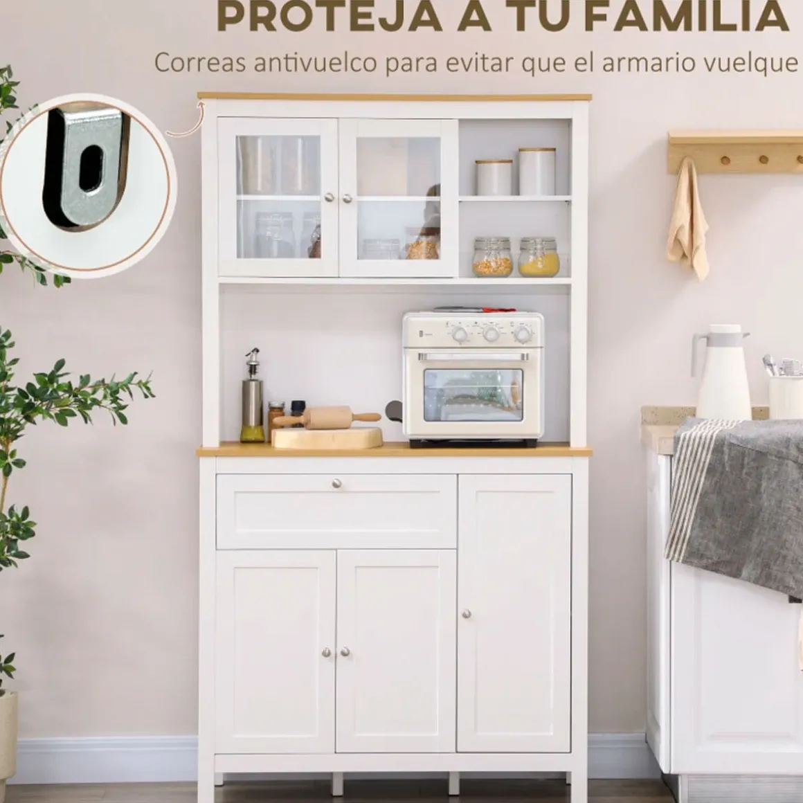 Aparador de cocina Indie Homcom diseño minimalista blanco/natural 180x100x40 cm